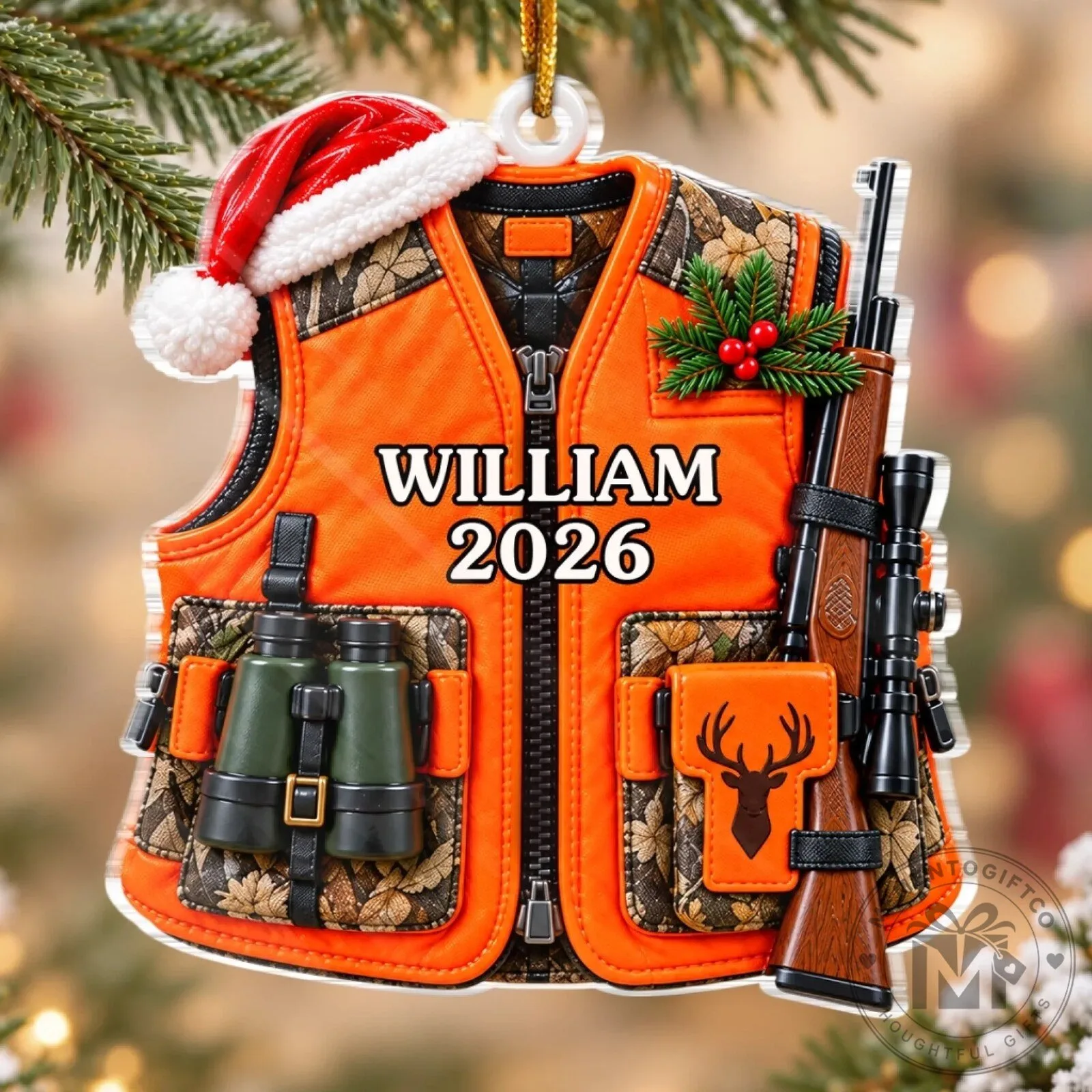 Personalized Hunter Orange Vest Christmas Ornament with Rifle and Binoculars