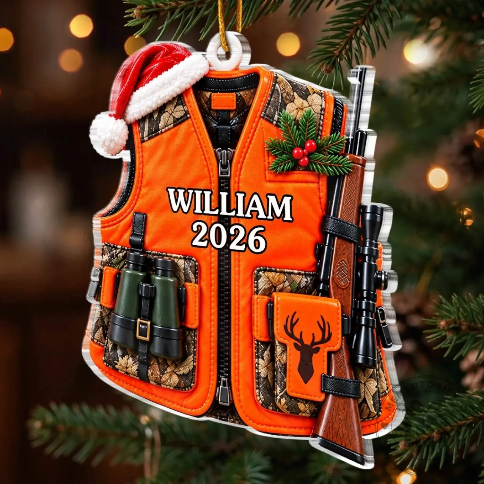 Personalized Hunter Orange Vest Christmas Ornament with Rifle and Binoculars 11 Personalized Hunter Orange Vest Christmas Ornament with Rifle and Binoculars