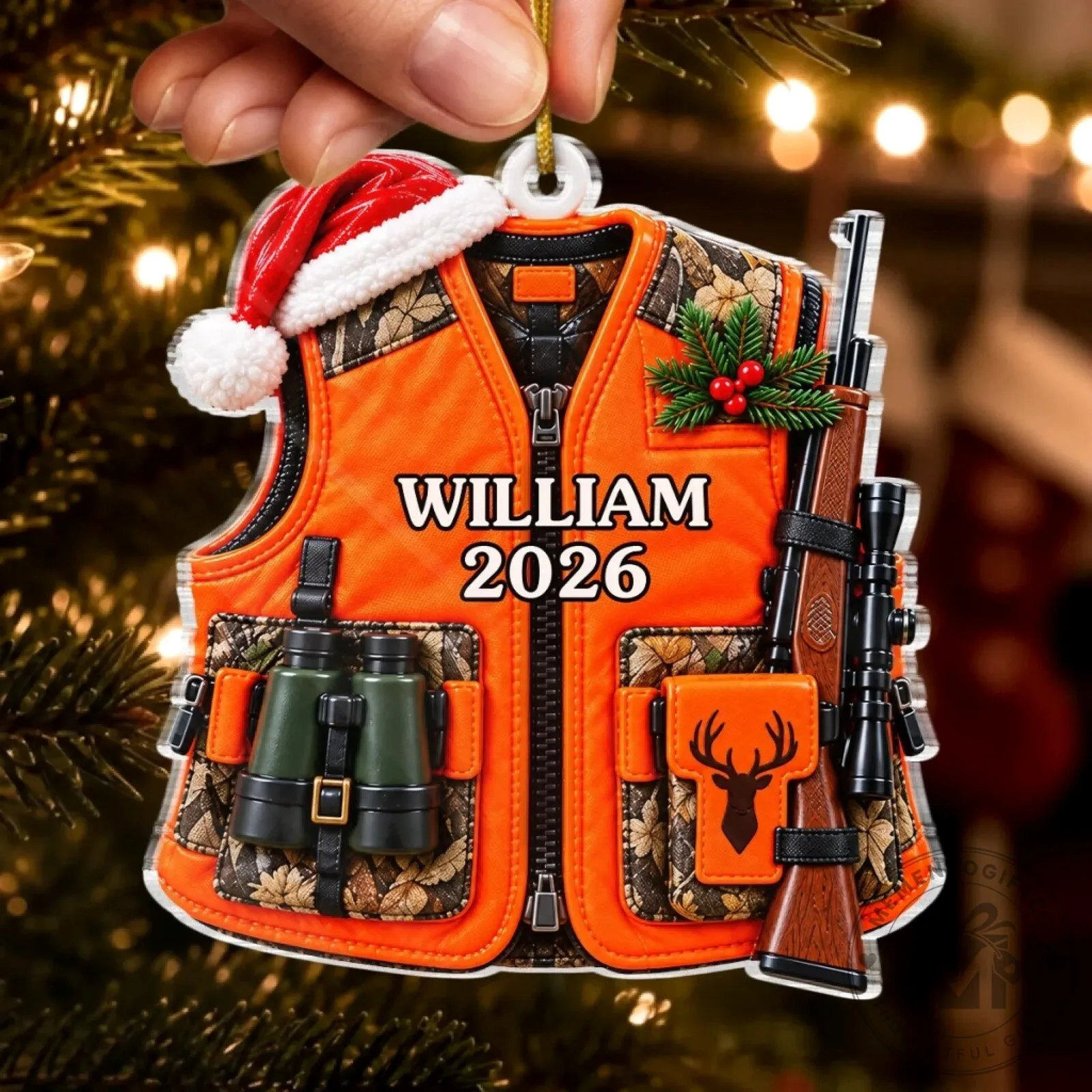 Personalized Hunter Orange Vest Christmas Ornament with Rifle and Binoculars 12 Personalized Hunter Orange Vest Christmas Ornament with Rifle and Binoculars