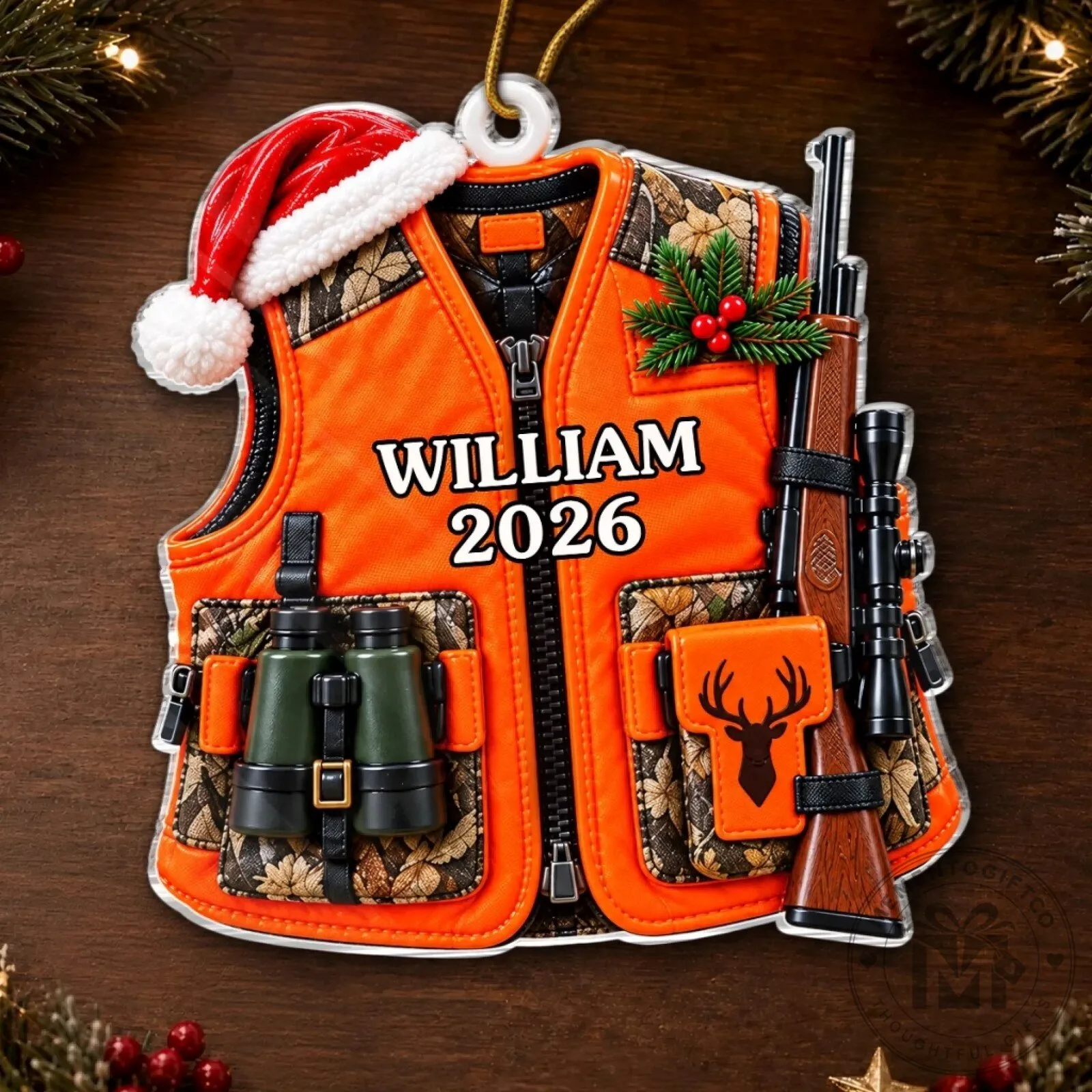 Personalized Hunter Orange Vest Christmas Ornament with Rifle and Binoculars 13 Personalized Hunter Orange Vest Christmas Ornament with Rifle and Binoculars