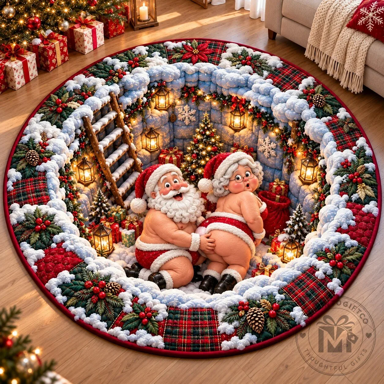 Funny Santa Claus Christmas Holiday Quilted Round Mat