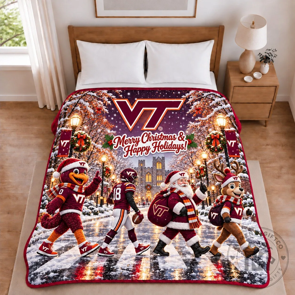 Virginia Tech Hokies Christmas Football Holiday Snow Scene Blanket
