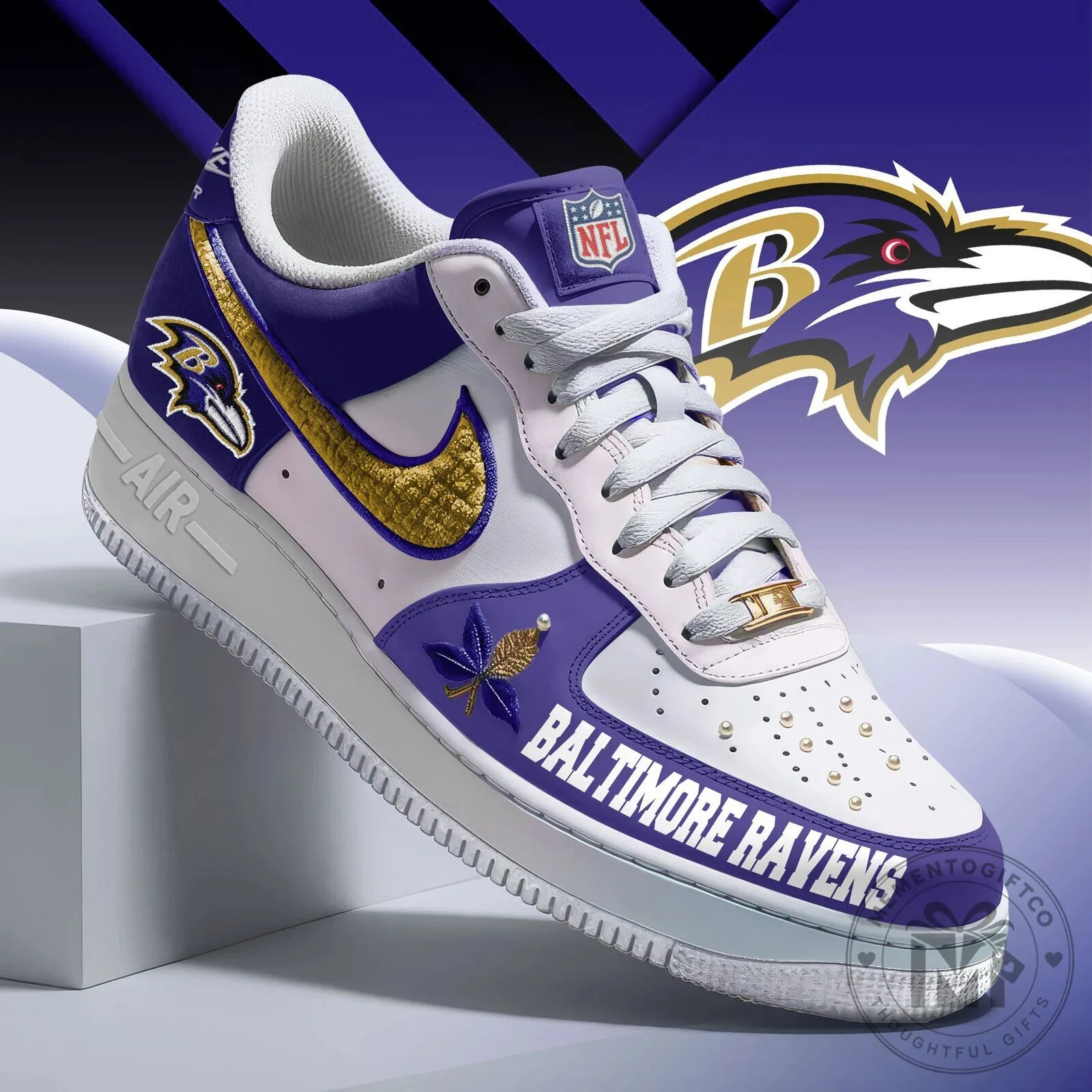 Baltimore Ravens NFL Team Logo Custom Design White and Purple Sneakers Shoes