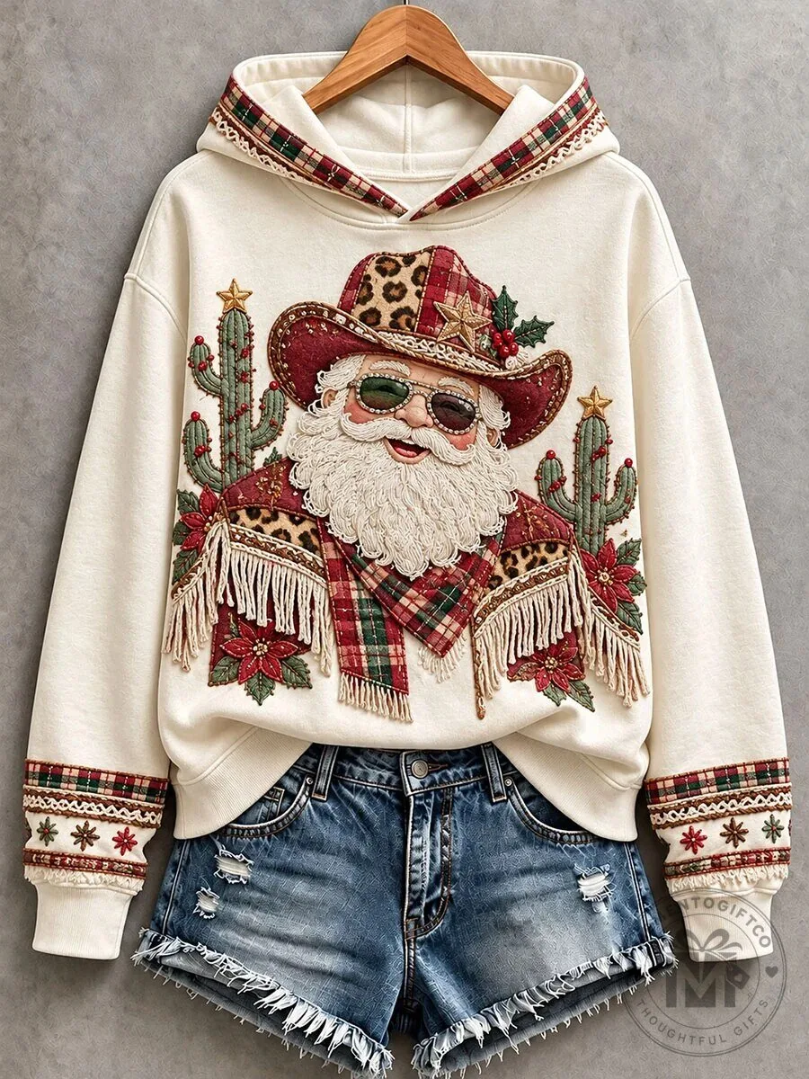 Western Santa Claus Christmas Fringe Embroidered Hoodie for Women