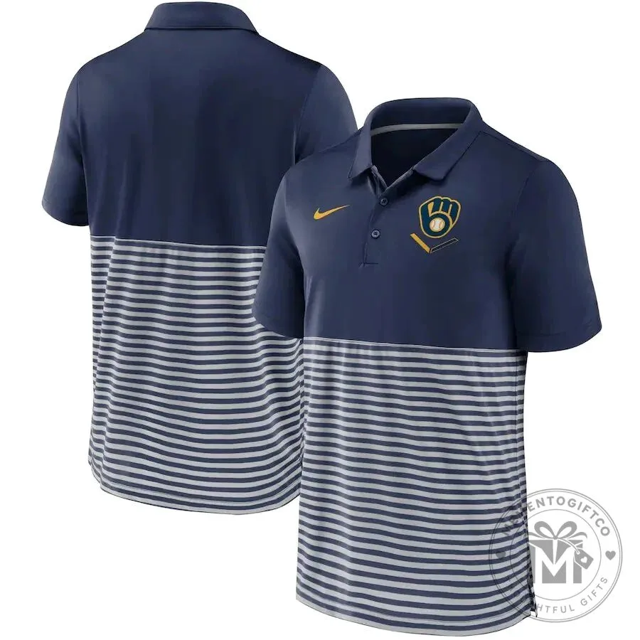 Milwaukee Brewers Baseball Team Navy Blue Striped Performance Polo Shirt