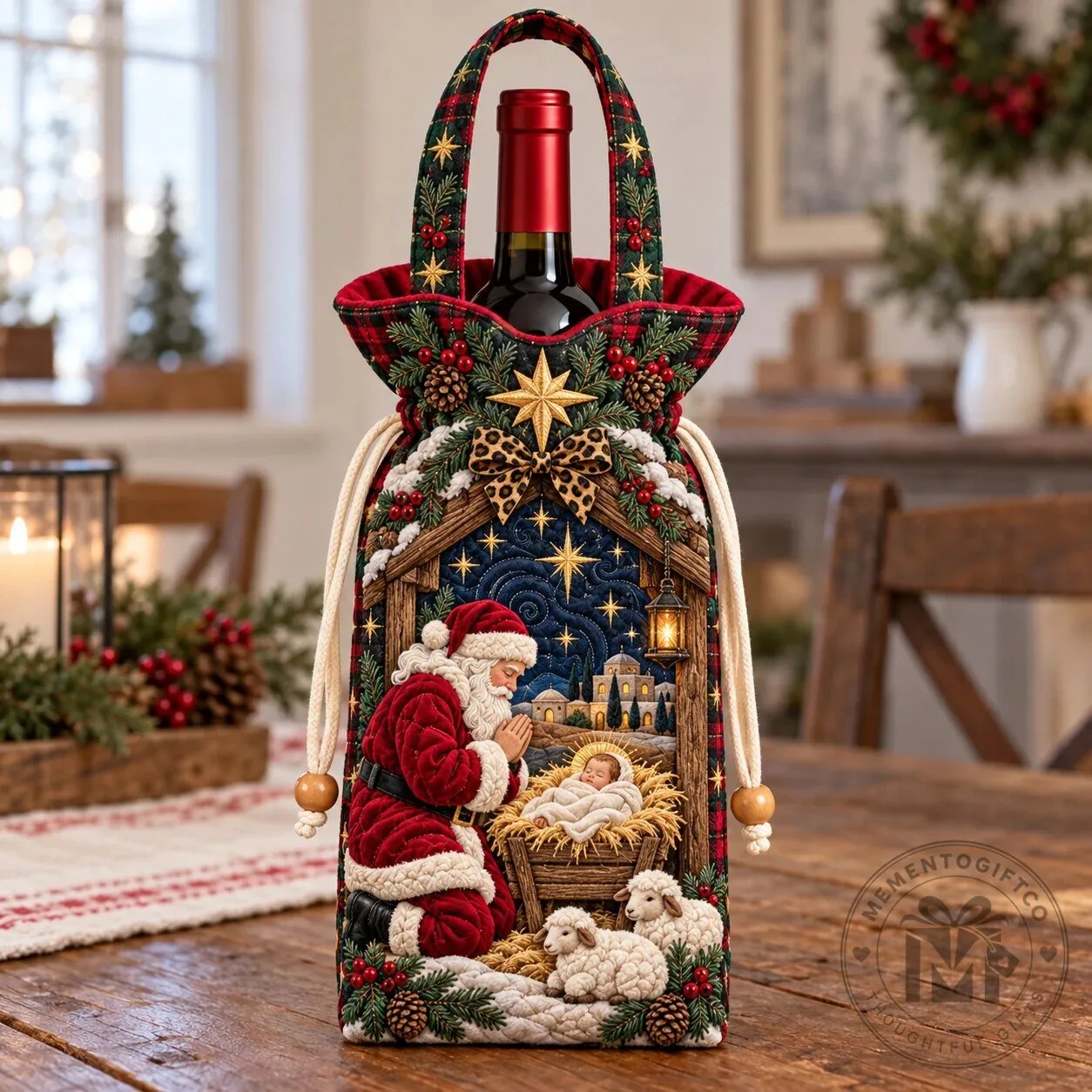 Christmas Santa Nativity Scene Quilted Wine Bottle Carrier Bag
