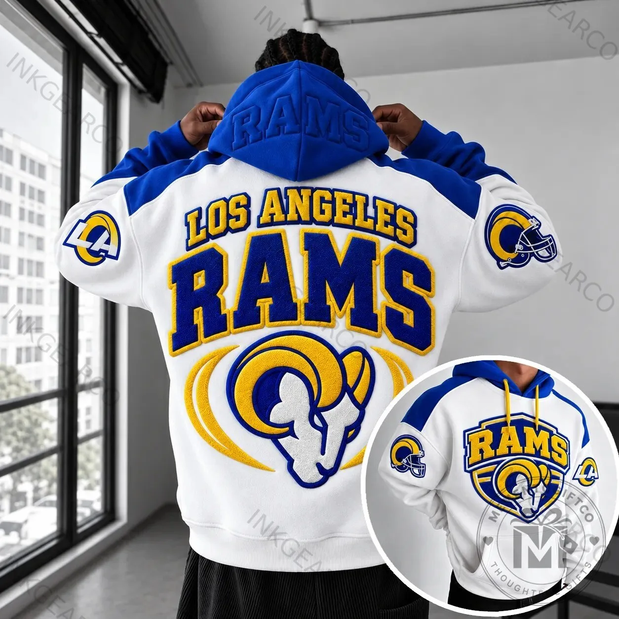 Los Angeles Rams NFL Football Team Logo White and Blue Hoodie