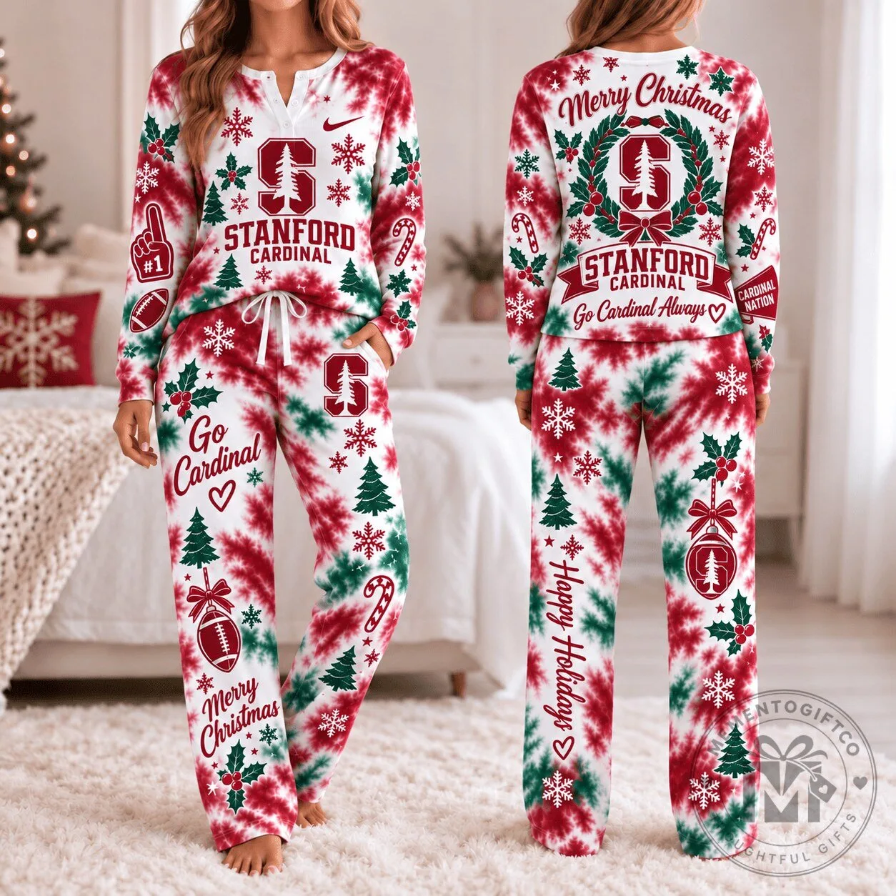 Stanford Cardinal Christmas Tie-Dye Long Sleeve Pajamas Set