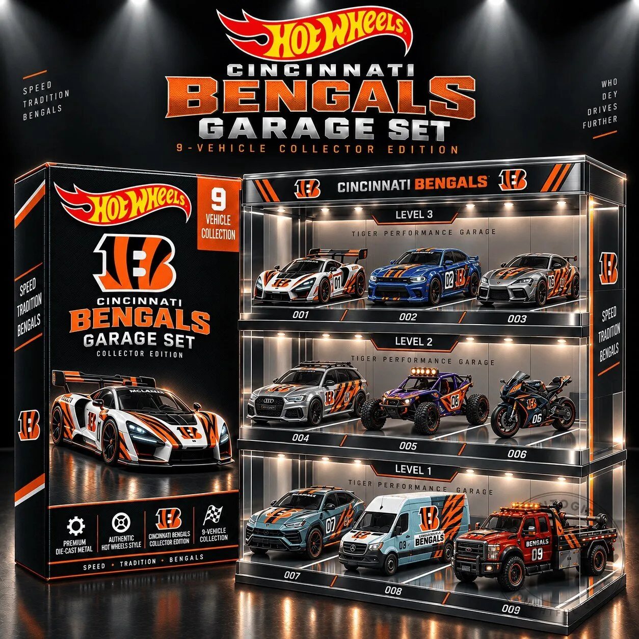 Cincinnati Bengals Hot Wheels Garage Set 9-Vehicle Collector Edition Diecast Cars