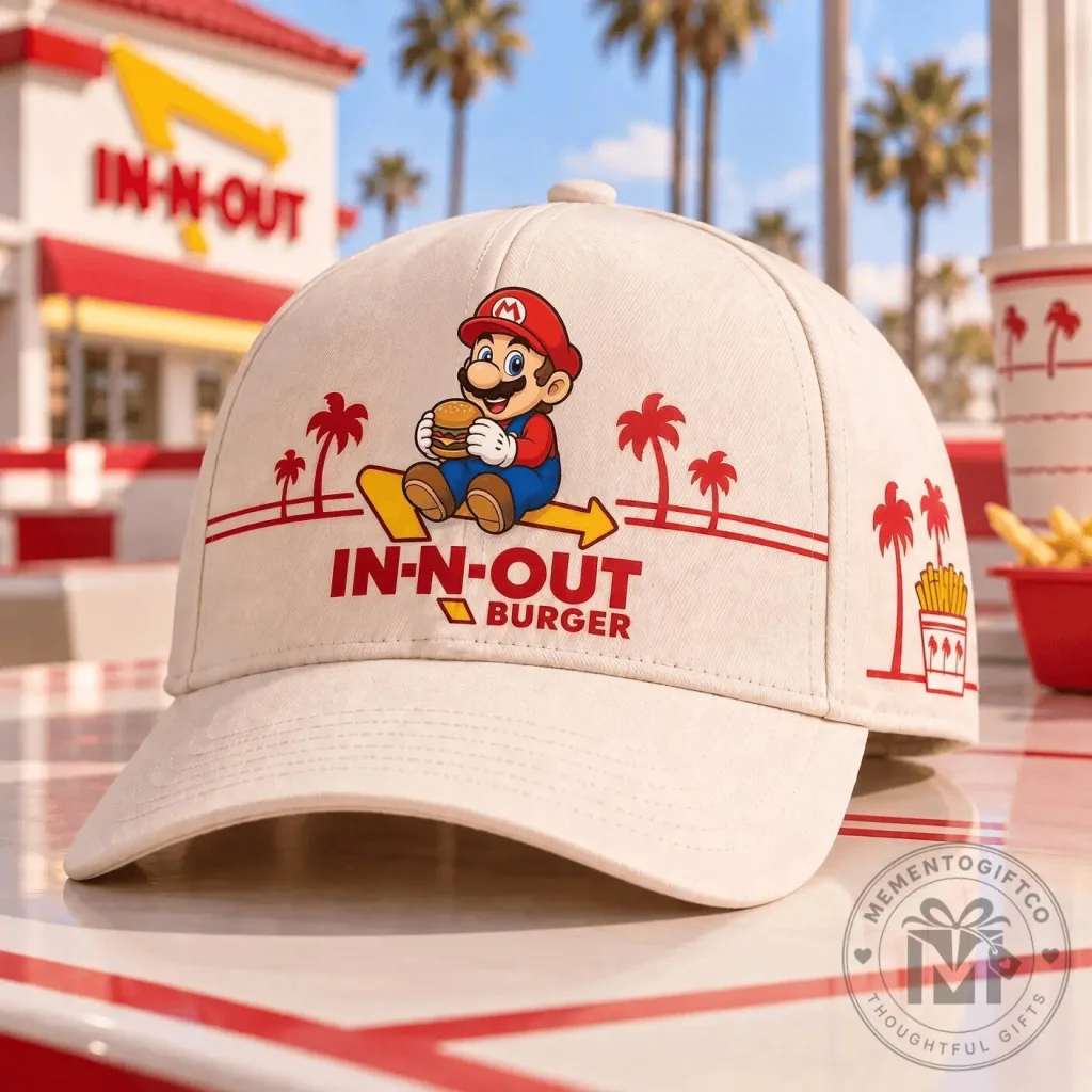 Super Mario Eating In-N-Out Burger Fast Food Restaurant Baseball Cap Hat Super Mario Eating In-N-Out Burger Fast Food Restaurant Baseball Cap Hat