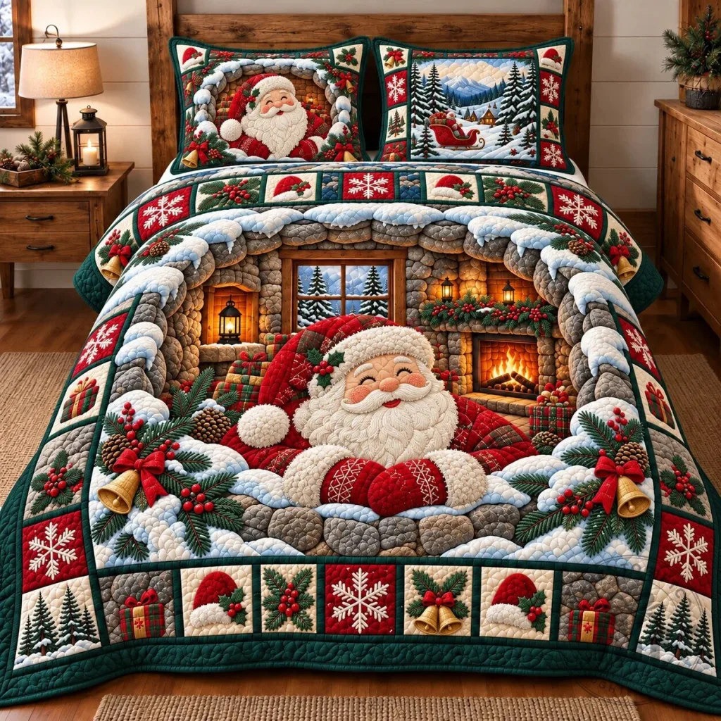 Cozy Fireplace Santa Claus Christmas Quilted Bedding Set Cozy Fireplace Santa Claus Christmas Quilted Bedding Set