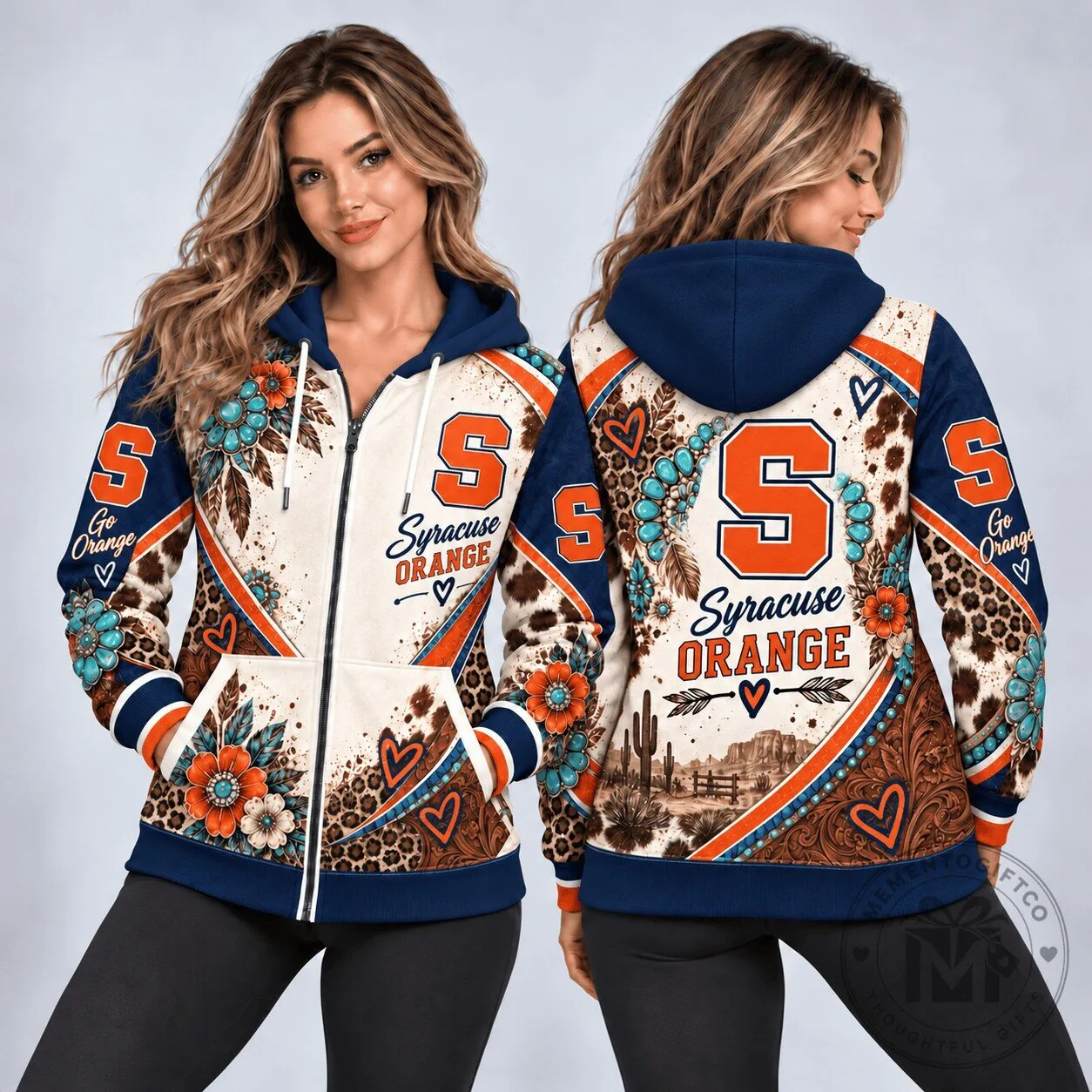 Syracuse Orange Western Boho Style Full-Zip Hoodie for Women