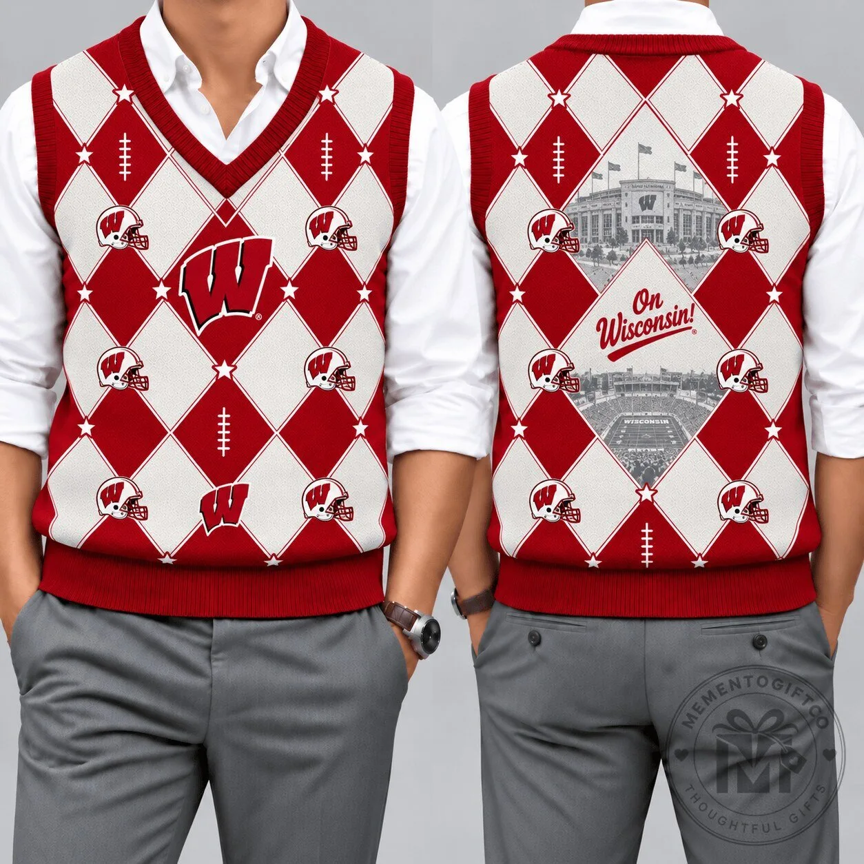Wisconsin Badgers Football Team Argyle Pattern V-Neck Sleeveless Knit Vest