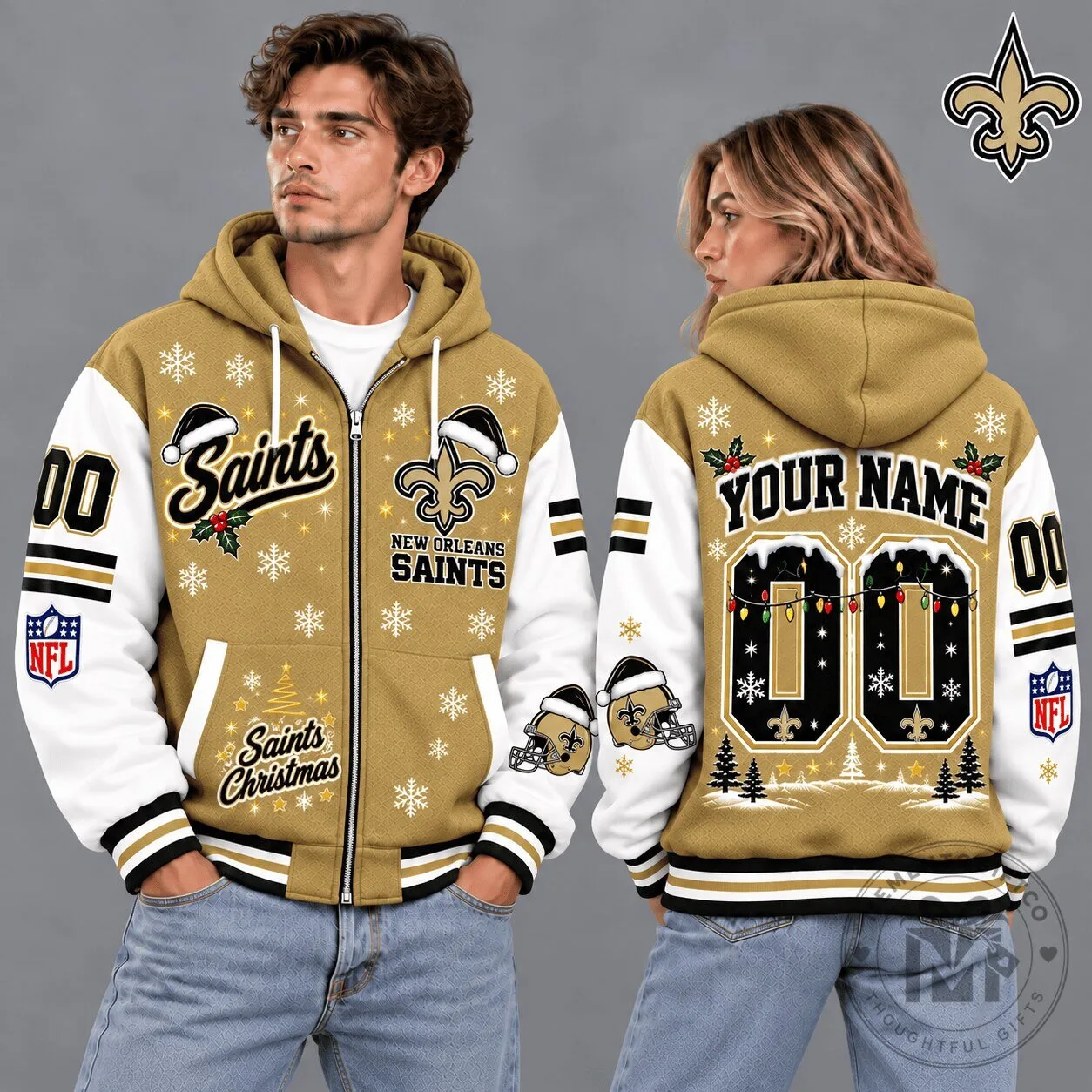 New Orleans Saints Christmas Snowflake Custom Name Number Full-Zip Hoodie