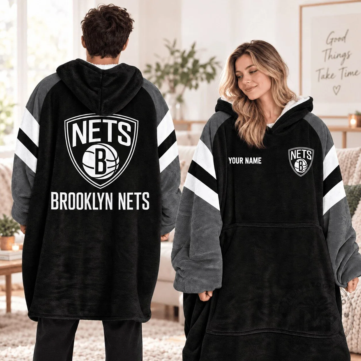 Brooklyn Nets NBA Oversized Wearable Blanket Hoodie Custom Name