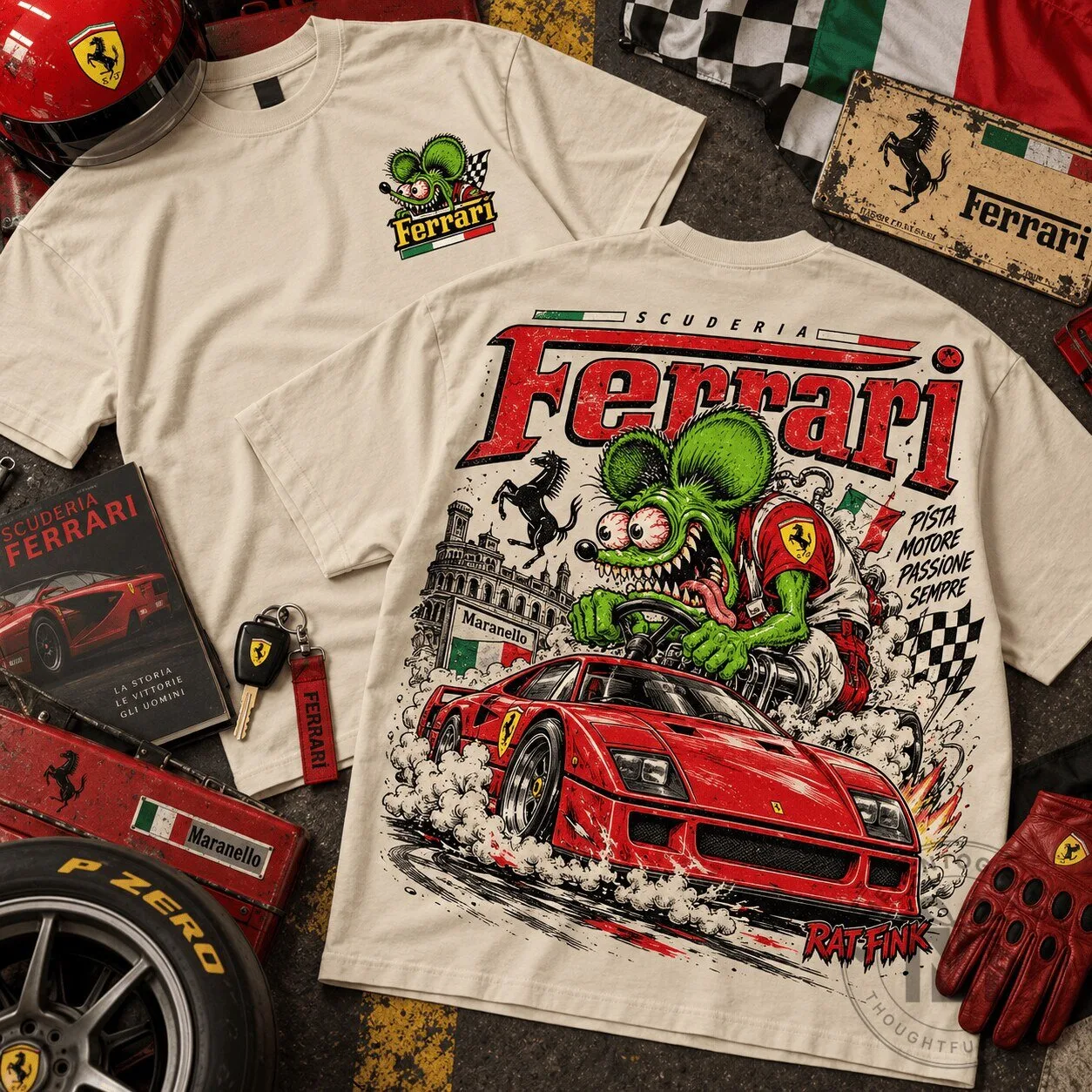 Motorsport Fans' Ferrari Rat Fink Hot Rod Racing Car Graphic Tee 2 Motorsport Fans' Ferrari Rat Fink Hot Rod Racing Car Graphic Tee