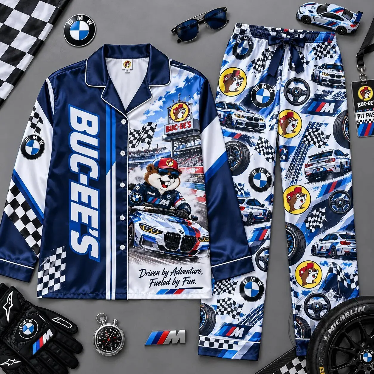 Buc-ee’s BMW Motorsport Racing Checkered Flag Print Long Sleeve Pajamas Set