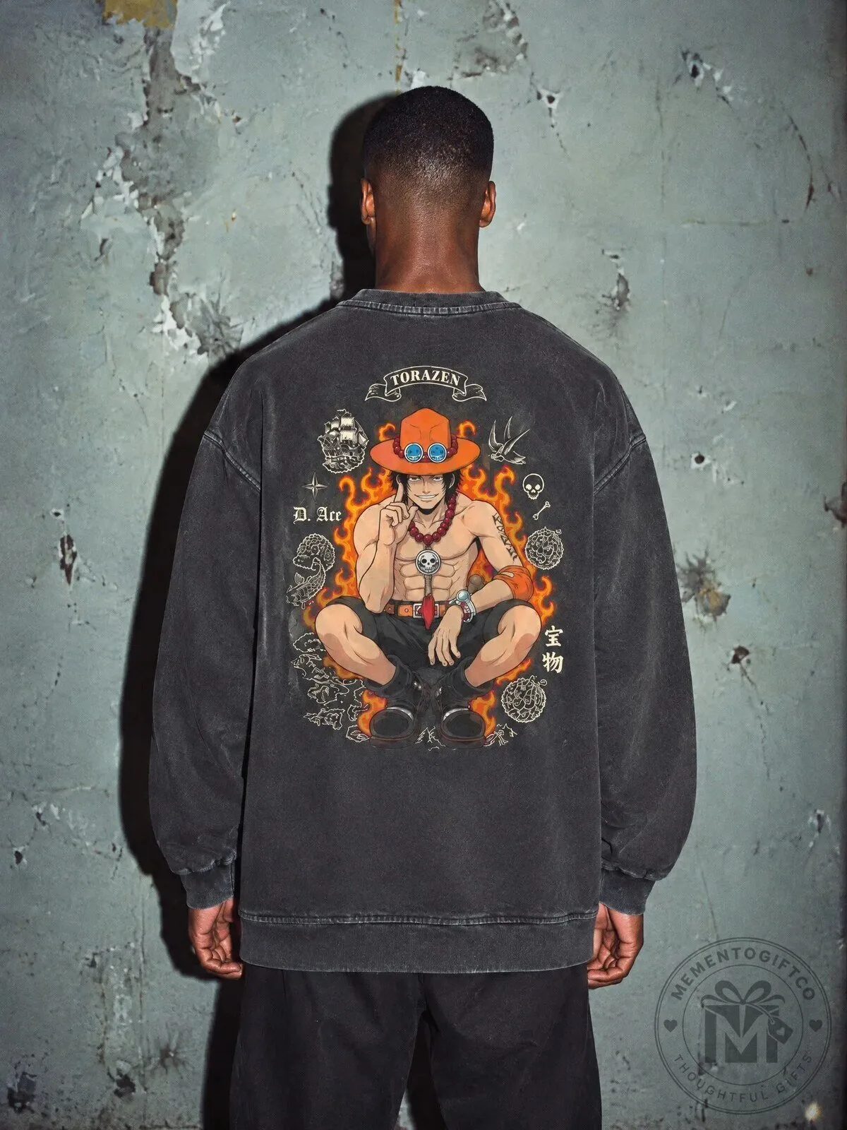 One Piece Portgas D. Ace Fire Fist Vintage Washed Crewneck Sweatshirt