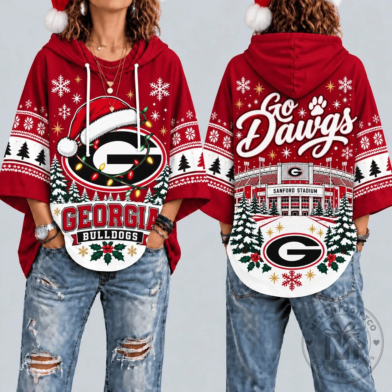 Georgia Bulldogs Christmas Santa Hat Snowflakes Hooded Poncho Top