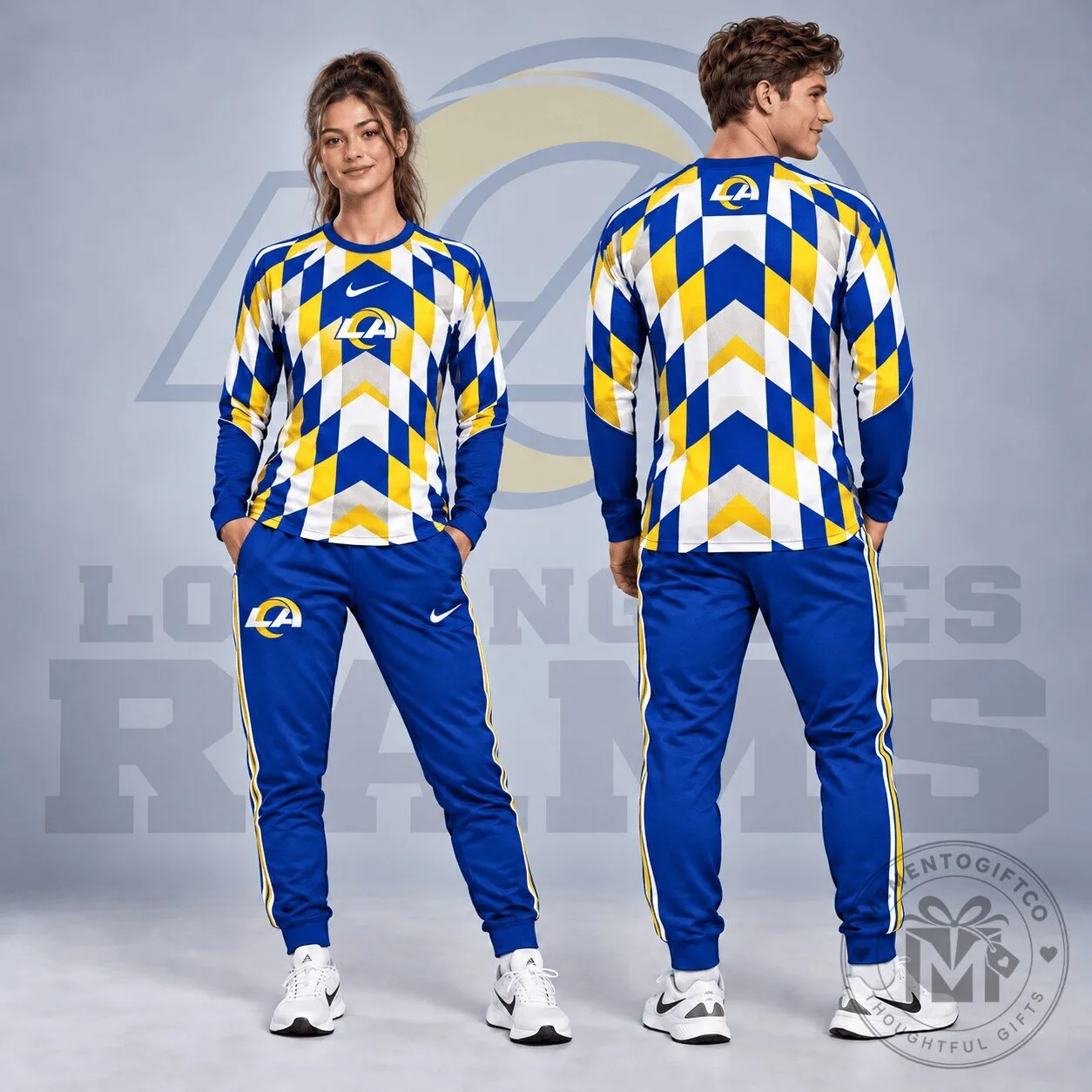 Los Angeles Rams Diamond Chevron Geometric Print Long Sleeve Shirt and Jogger Pants Set 1 Los Angeles Rams Diamond Chevron Geometric Print Long Sleeve Shirt and Jogger Pants Set