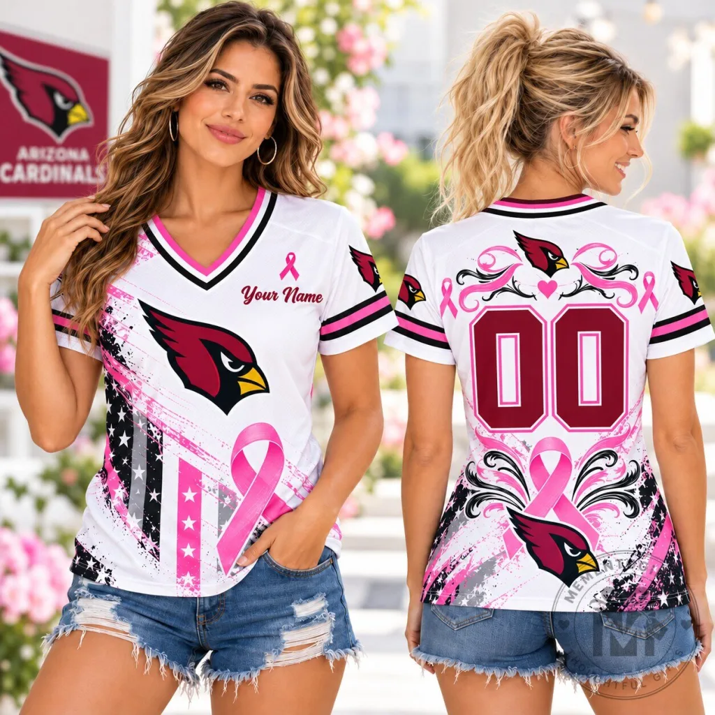 Arizona Cardinals Pink Star Power Spirit Breast Cancer Awareness V-Neck T-Shirt Arizona Cardinals Pink Star Power Spirit Breast Cancer Awareness V-Neck T-Shirt