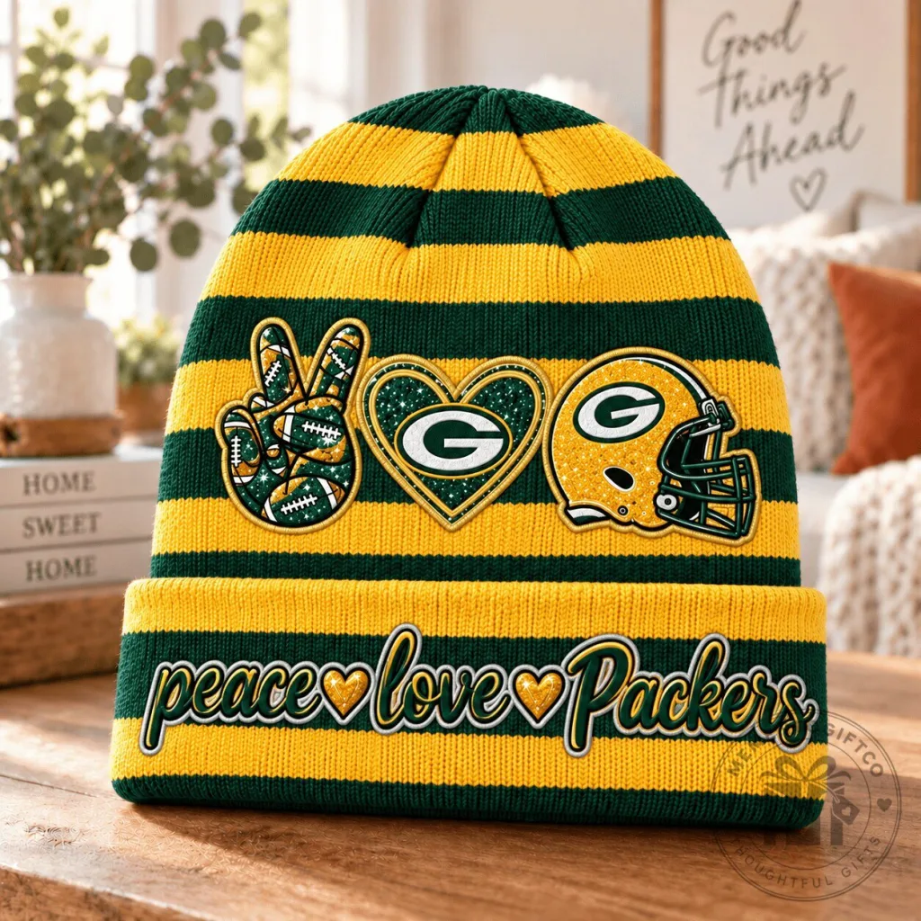 Green Bay Packers National Football League Peace Love Packers Beanie Hat Green Bay Packers National Football League Peace Love Packers Beanie Hat