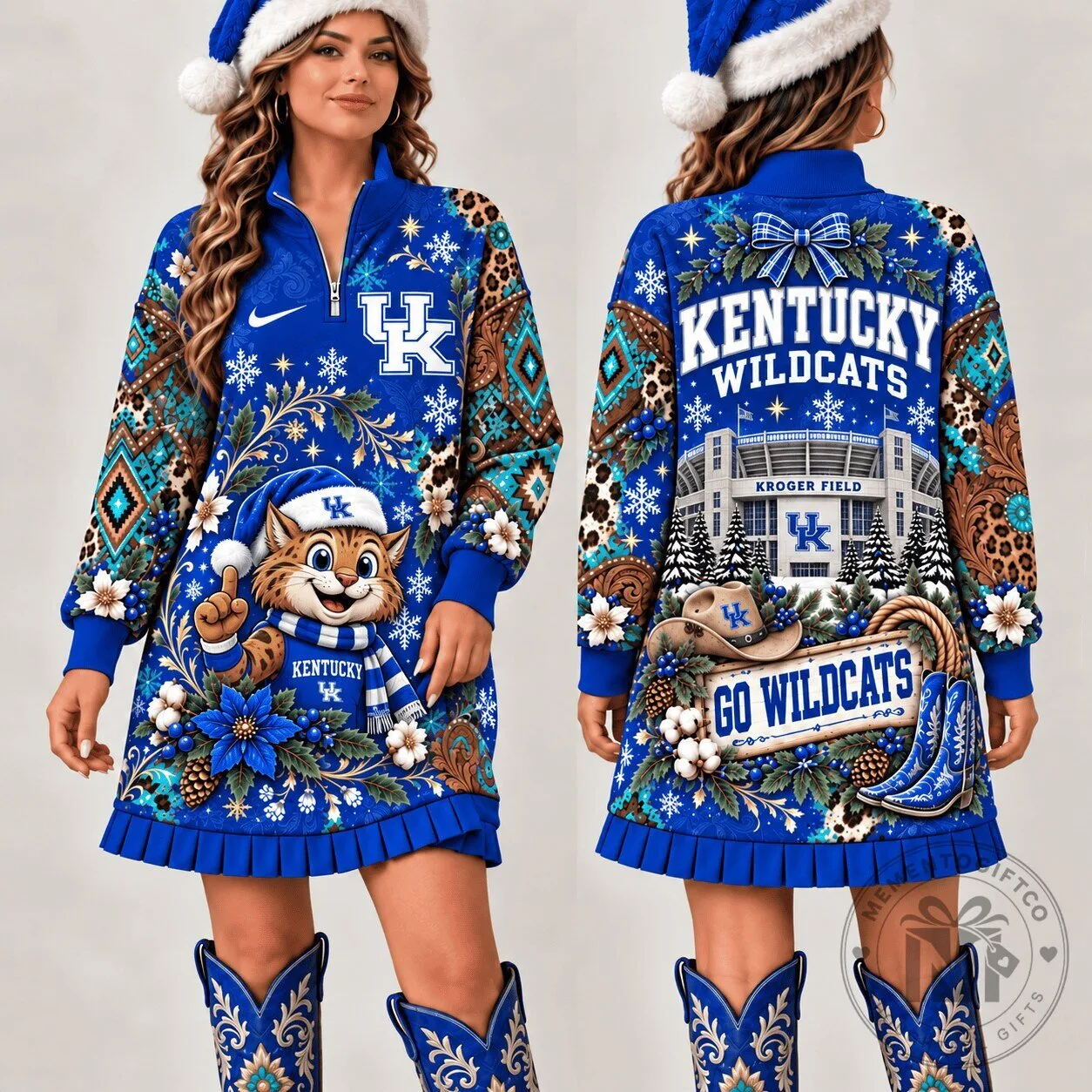 Kentucky Wildcats Christmas Western Boho Quarter-Zip Sweatshirt Dress