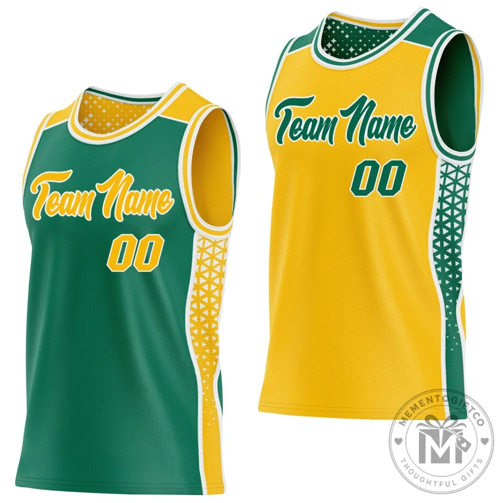 Custom Kelly Green Gold White Reversible Basketball Jersey with Geometric Triangle Pattern Custom Kelly Green Gold White Reversible Basketball Jersey with Geometric Triangle Pattern