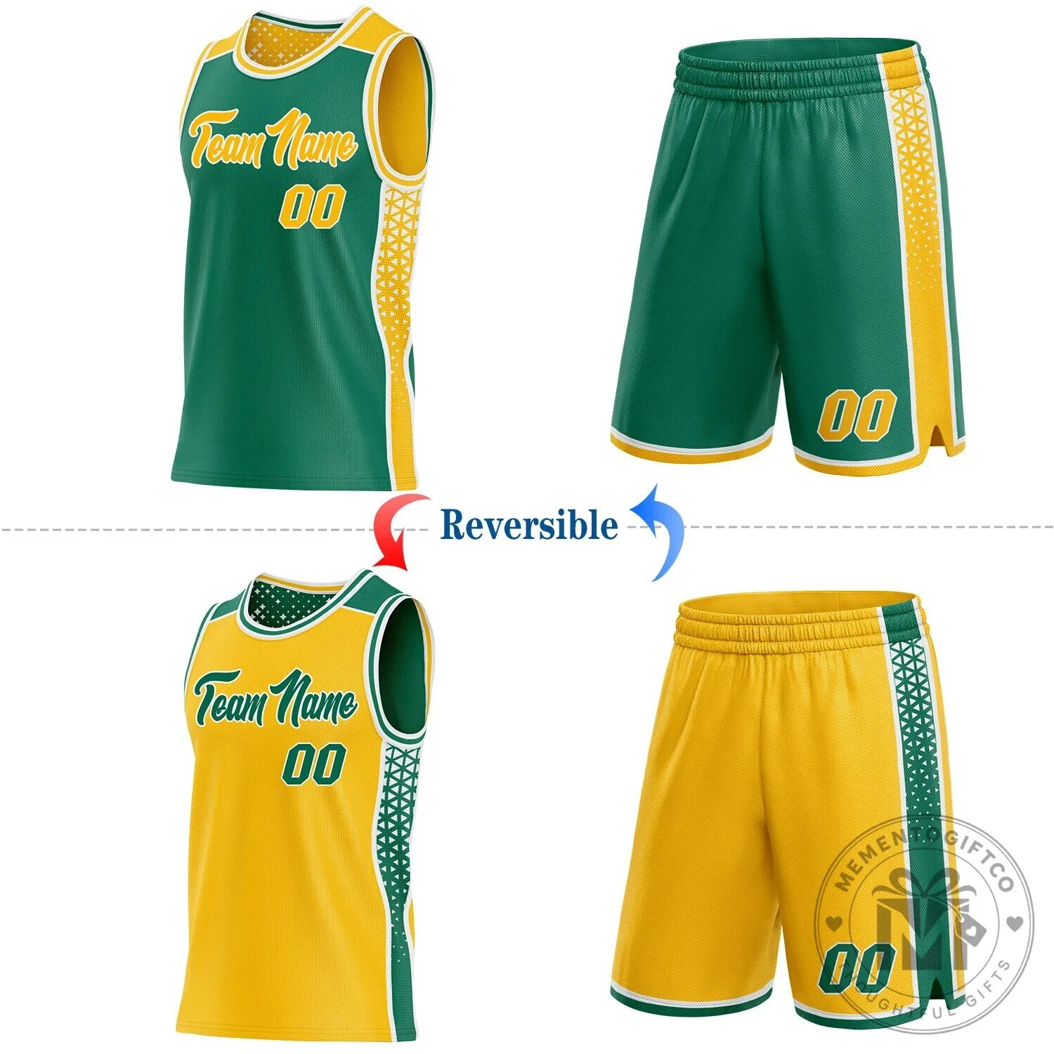 Custom Kelly Green Gold White Reversible Basketball Jersey with Geometric Triangle Pattern 12 Custom Kelly Green Gold White Reversible Basketball Jersey with Geometric Triangle Pattern
