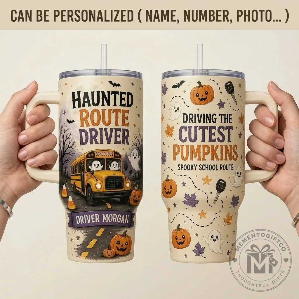 Personalized Haunted Route School Bus Driver Halloween Tumbler with Handle 1 Personalized Haunted Route School Bus Driver Halloween Tumbler with Handle