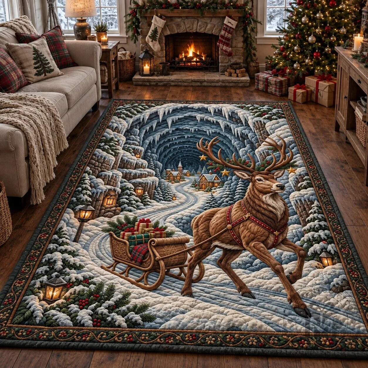 Christmas Reindeer Sleigh Winter Wonderland Area Rug