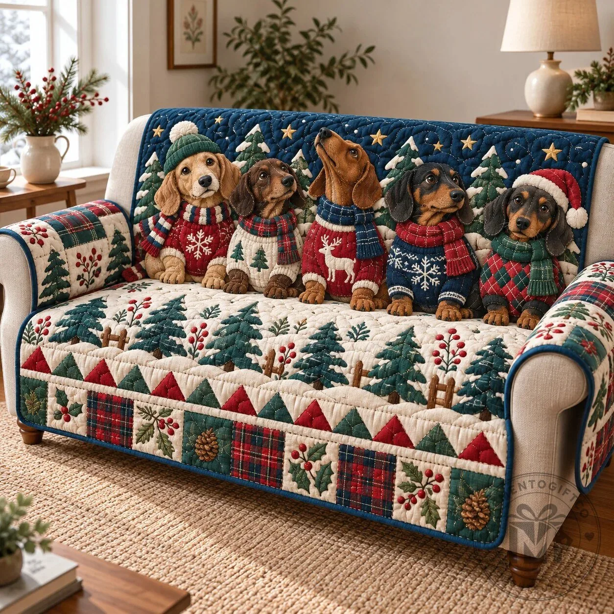 Christmas Dachshund Dogs Holiday Sofa Cover Protector