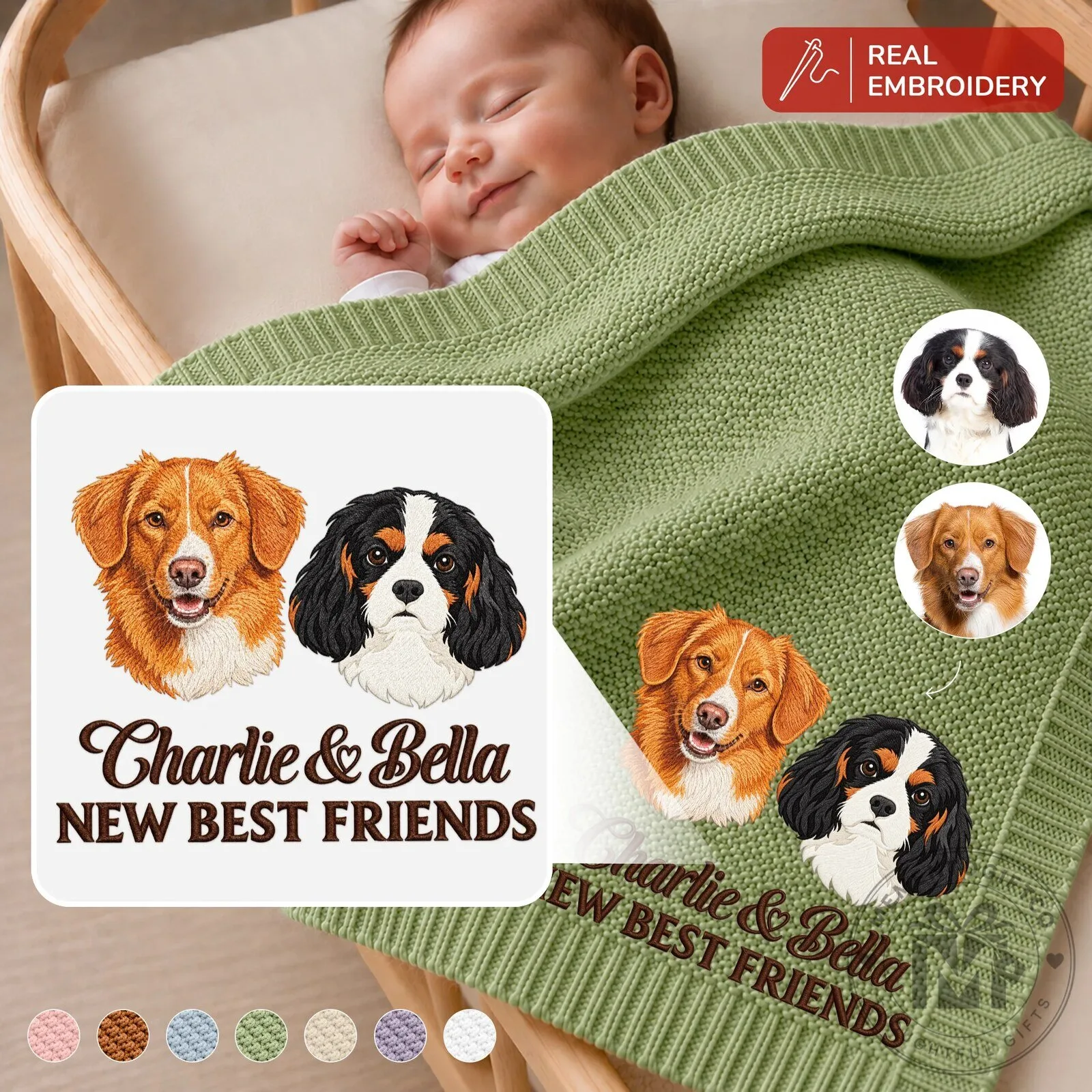 Personalized Pet Portrait Embroidered Baby Blanket for Newborns