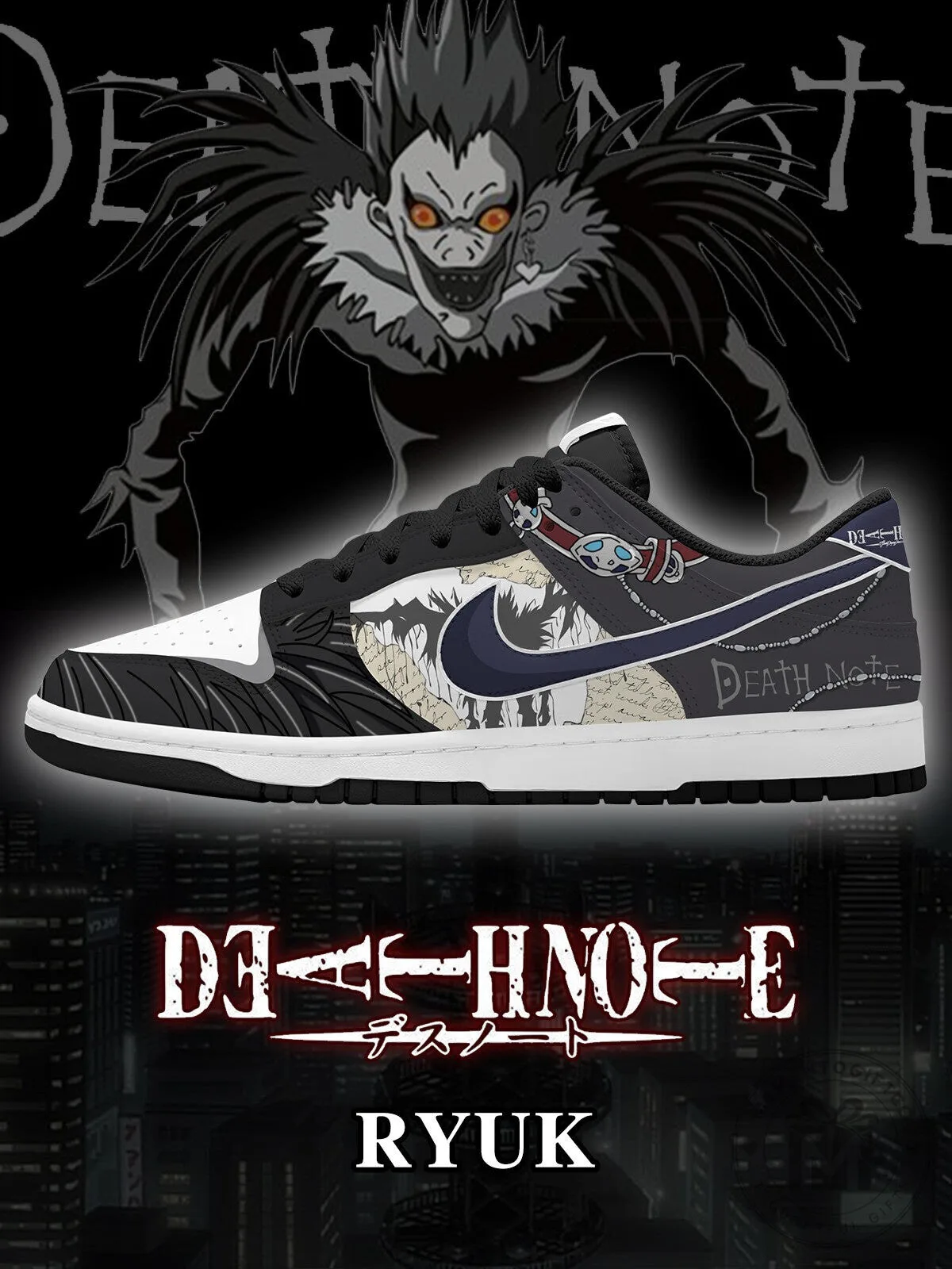 Death Note Ryuk Anime Character Custom Printed Black and White Sneakers