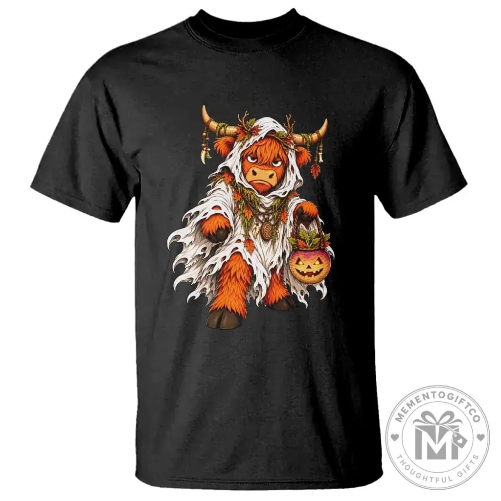 Halloween Costume Shirt Highland Cow Ghost Holding Turnip Lantern Graphic T-Shirt Halloween Costume Shirt Highland Cow Ghost Holding Turnip Lantern Graphic T-Shirt