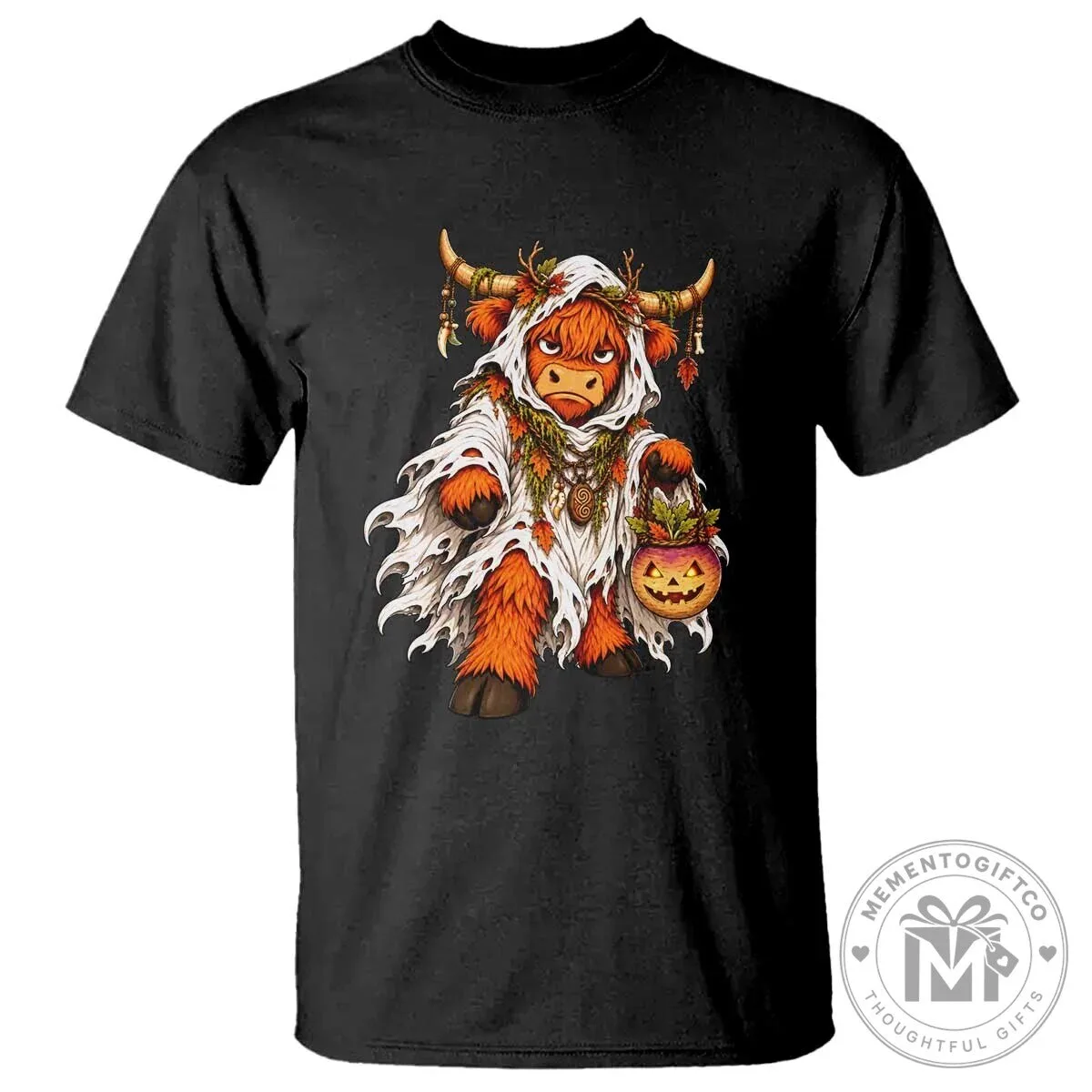 Halloween Costume Shirt Highland Cow Ghost Holding Turnip Lantern Graphic T-Shirt