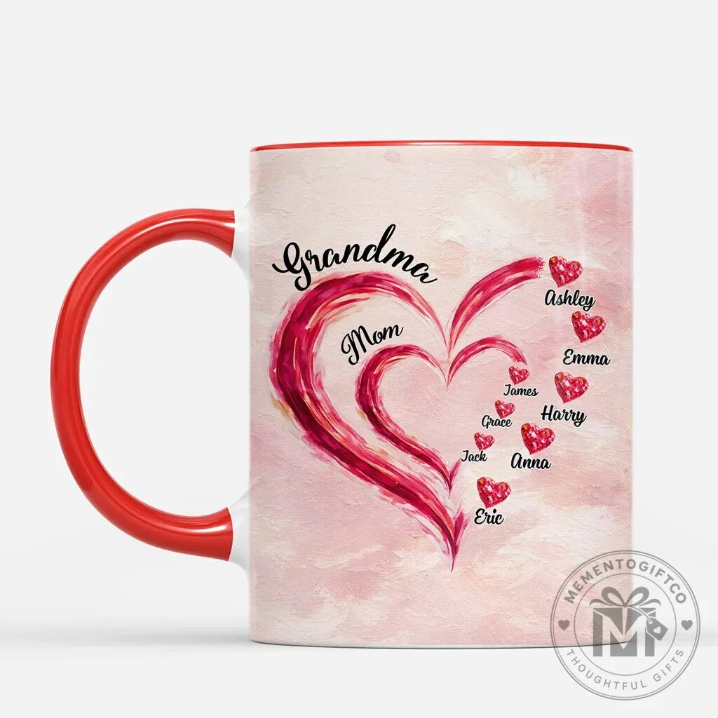 Personalized Grandma Mom Heart Watercolor Mug with Grandchildren Names 5 Personalized Grandma Mom Heart Watercolor Mug with Grandchildren Names
