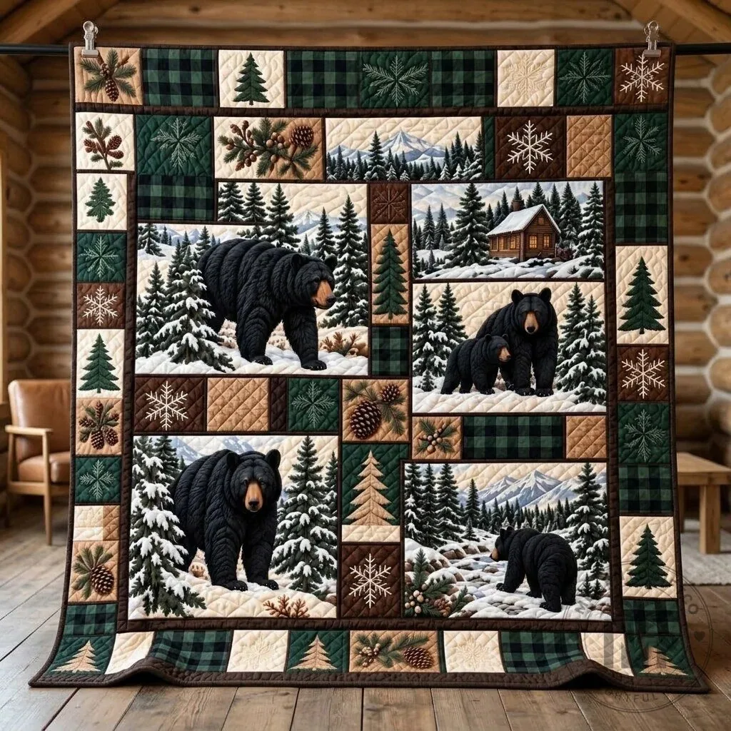 Winter Wilderness Black Bear Quilted Blanket with Pine Trees and Snowflakes