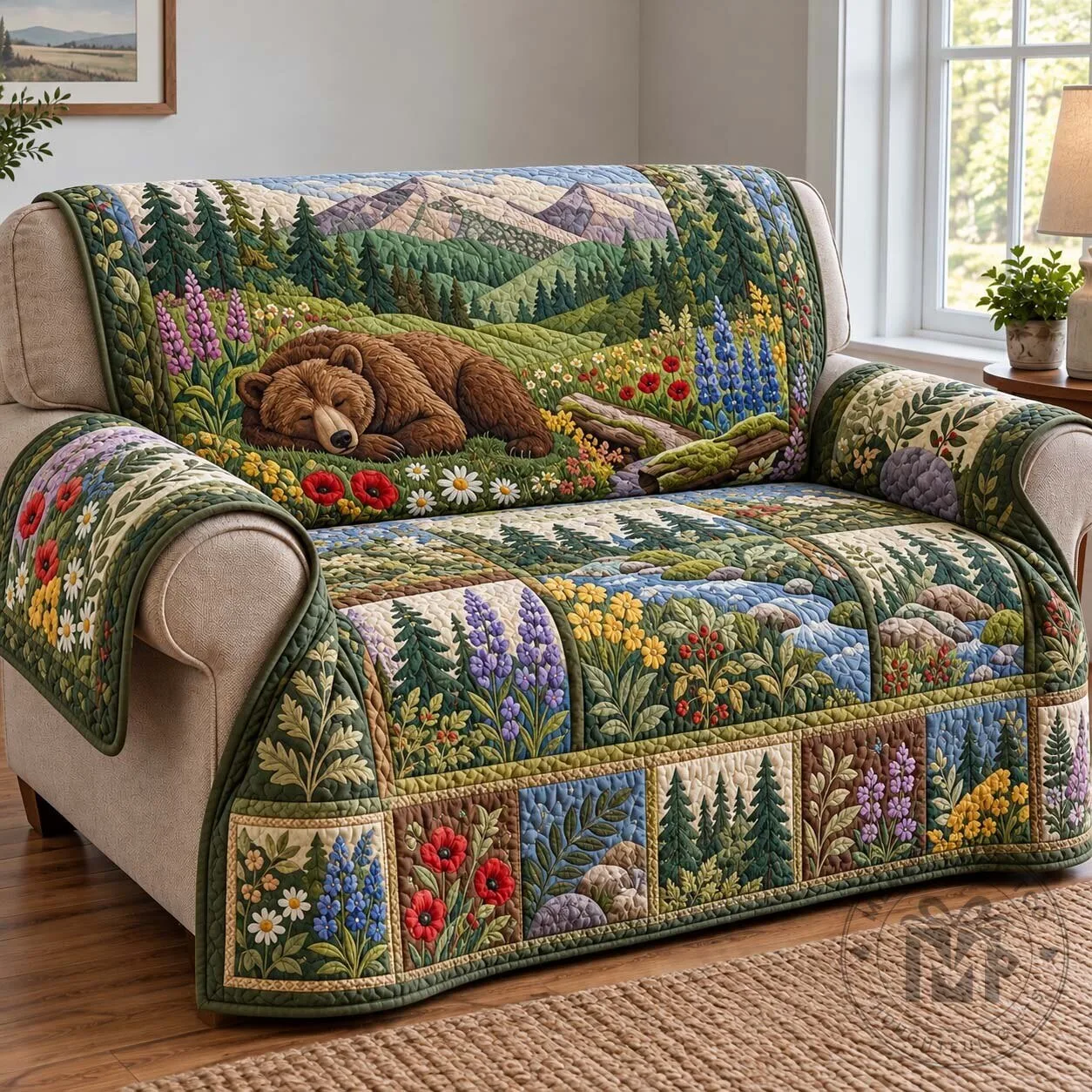 Wildflower Bear Meadow Quilted Sofa Cover with Forest and Mountain Landscape