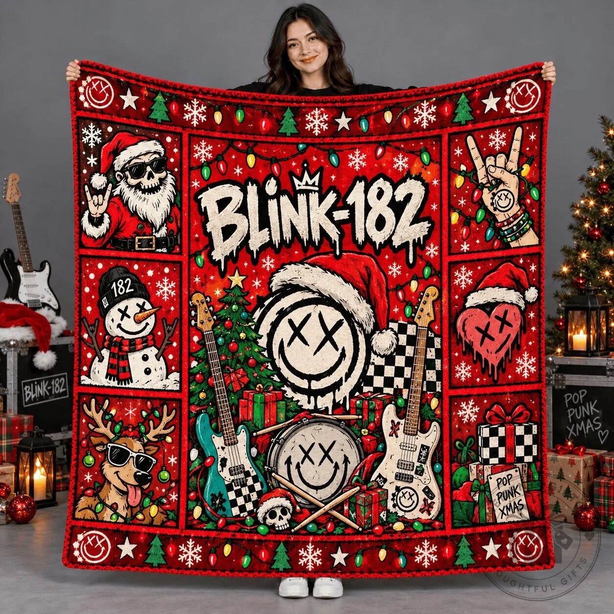 Blink-182 Christmas Holiday Graffiti Logo Smiley Alien Collage Fleece Blanket