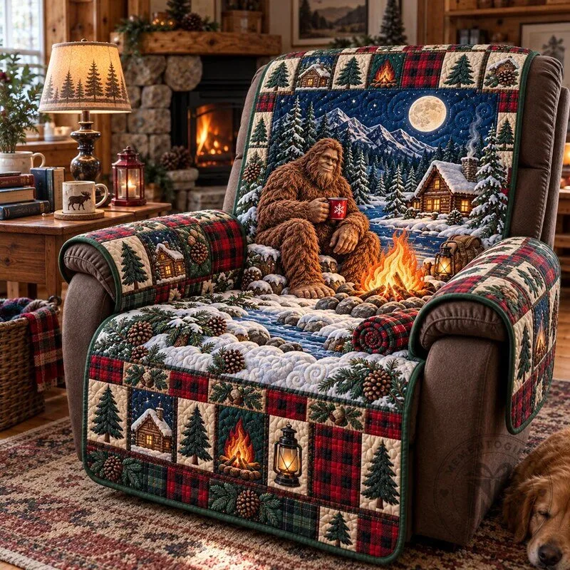 Bigfoot Moonlit Cabin Fireside Quilted Sofa Cover