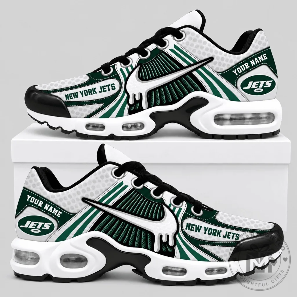 New York Jets Custom Name White and Green NFL Drip Air Cushion Sneakers New York Jets Custom Name White and Green NFL Drip Air Cushion Sneakers