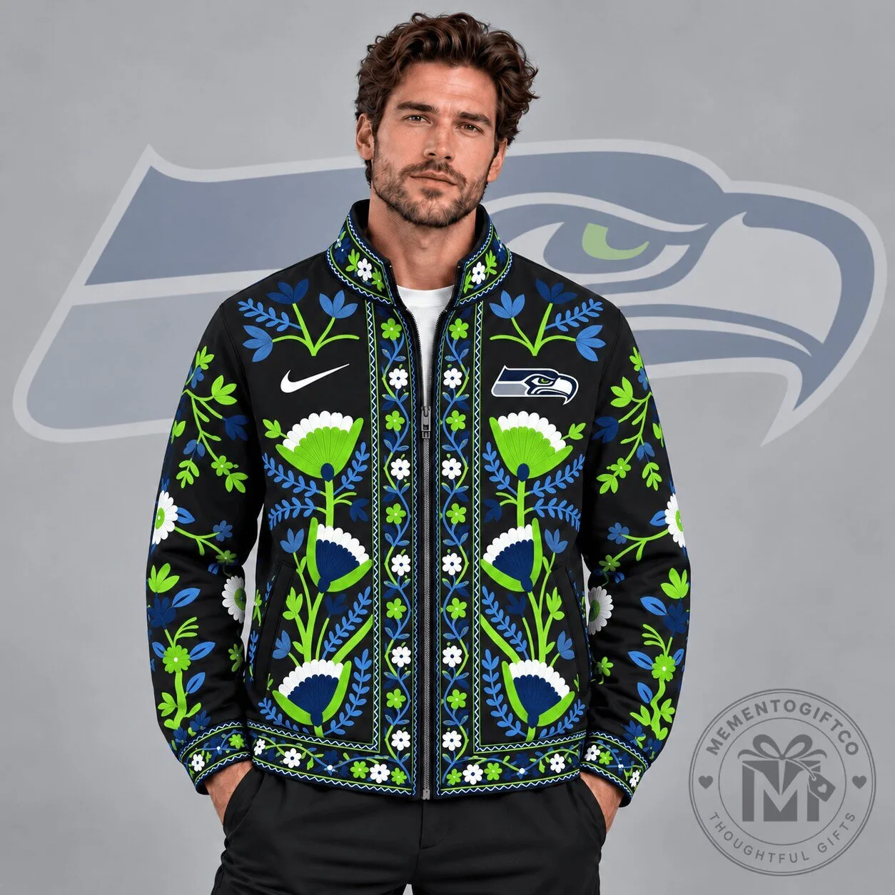 Seattle Seahawks NFL Vintage Folk Art Floral Print Full Zip Jacket