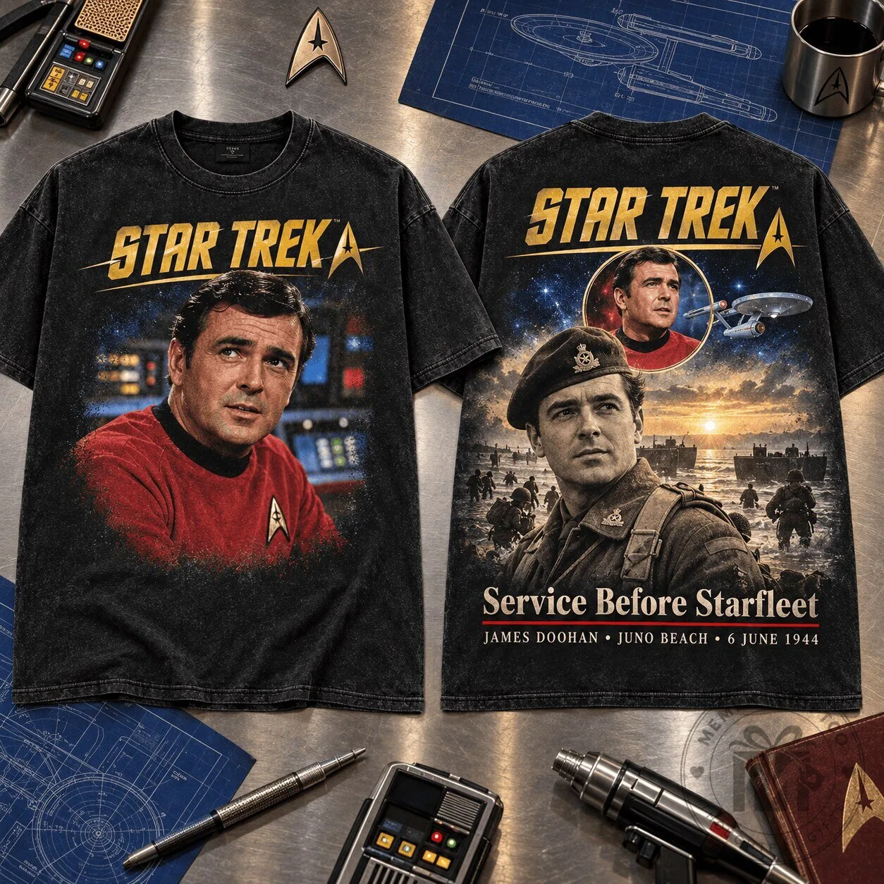 Star Trek James Doohan Service Before Starfleet Tribute Graphic T-Shirt