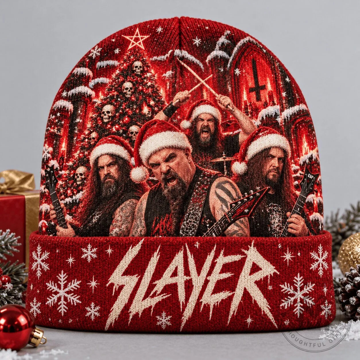 Slayer Band Santa Claus Christmas Tree Portrait Red Knit Beanie Cap Hat