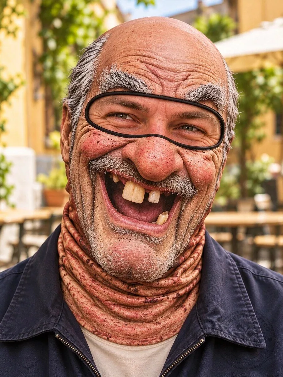 Funny Old Man Full Face Balaclava Hood Mask with Wacky Smile and Missing Teeth