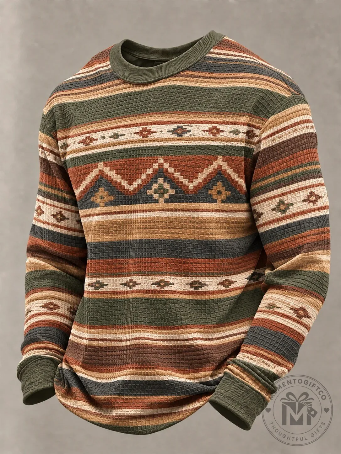 Waffle Knit Crewneck Sweatshirt with Southwestern Aztec Design