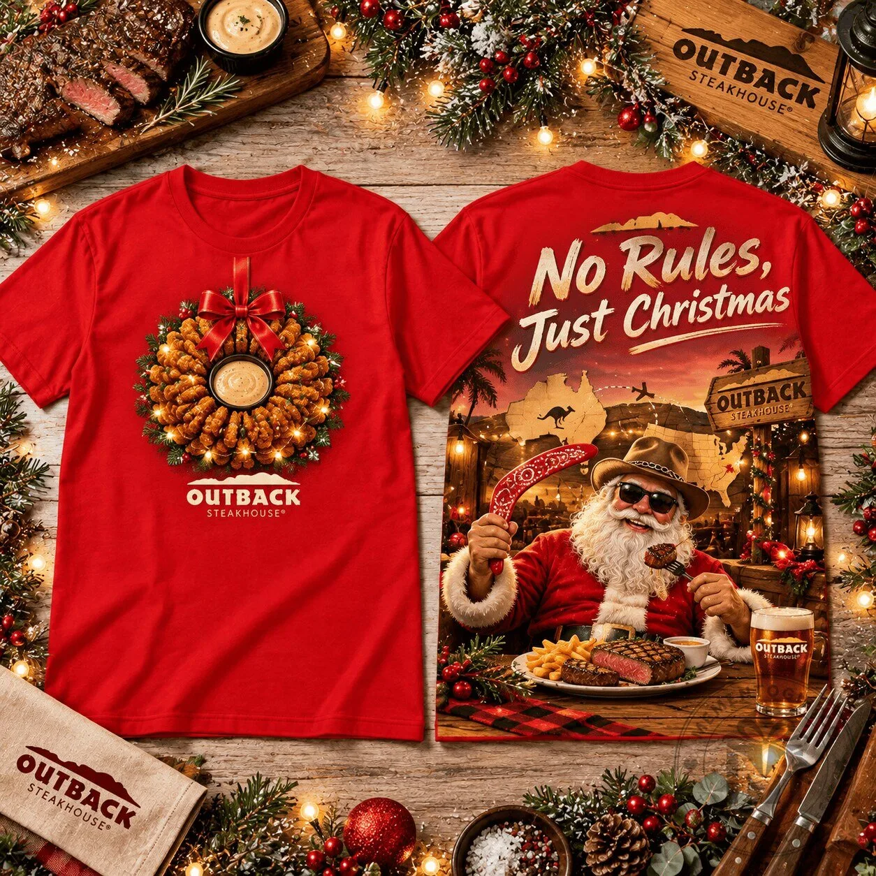 Outback Steakhouse No Rules Just Christmas Santa Steak Lover Red T-Shirt 5 Outback Steakhouse No Rules Just Christmas Santa Steak Lover Red T-Shirt