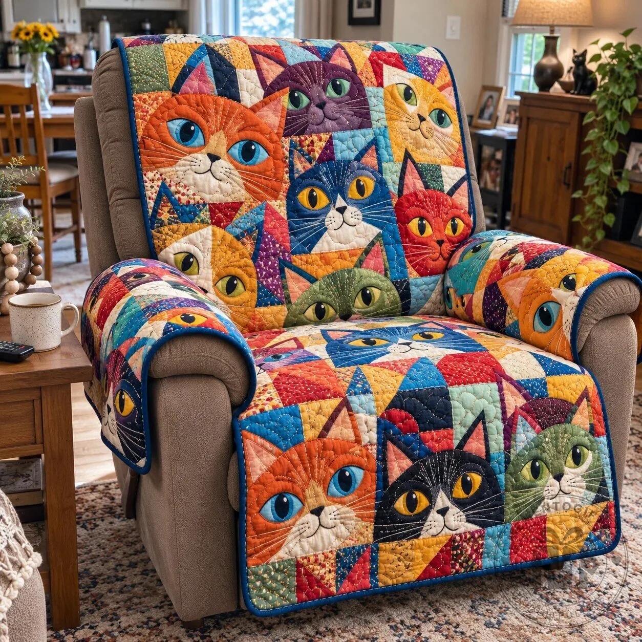 Colorful Patchwork Cat Faces Quilted Recliner Chair Cover 9 Colorful Patchwork Cat Faces Quilted Recliner Chair Cover