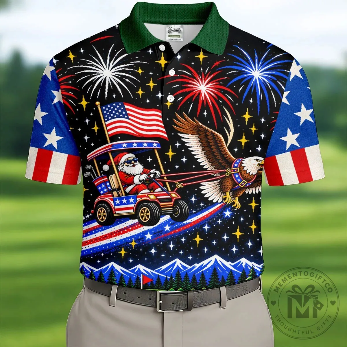 Patriotic Santa Claus Golf Cart American Eagle Fireworks Holiday Polo Shirt